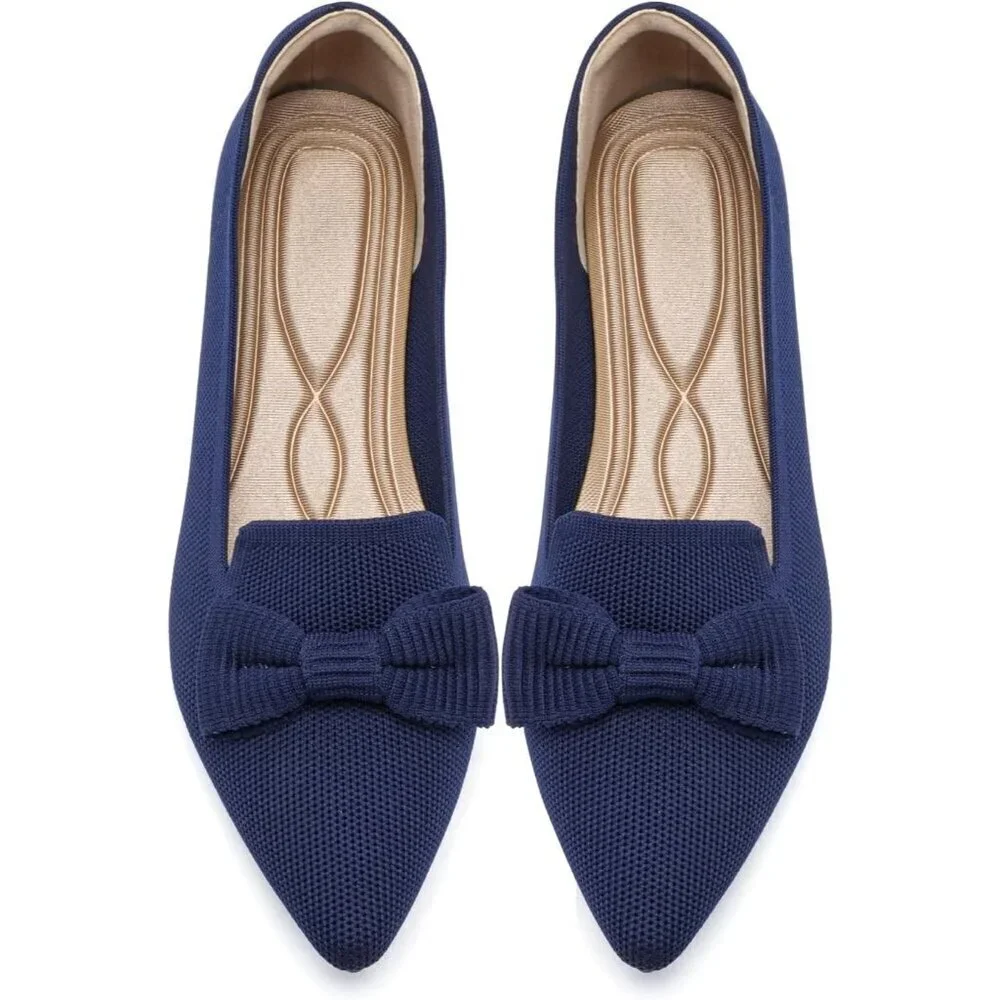 Women Mesh Ballet Blue Flats Bow Pointed Toe Comfortable Dress Shoes for Work